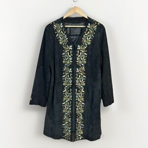 VTG Y2K Avanti Coat Women's 1X Black Suede Floral Embroidered Boho Hippie Jacket